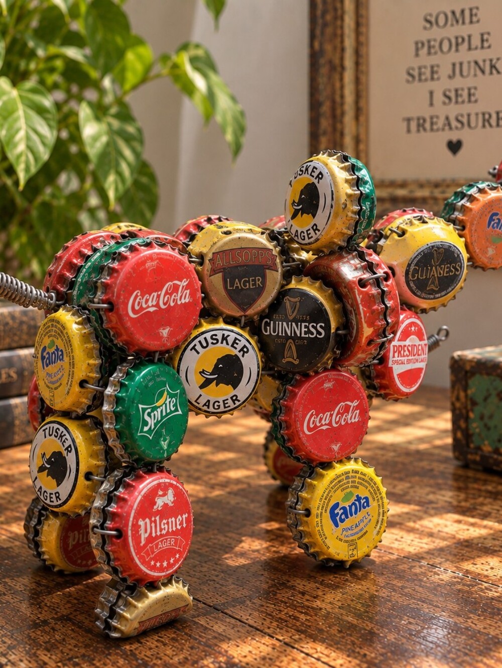 Vintage Bottle Cap Sculpture Folk Art Found Object Assemblage Handmade Beer Soda